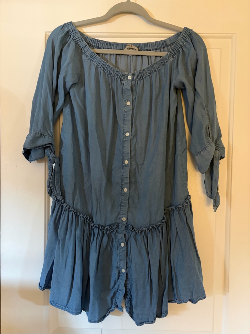 Justify Blue Off-Shoulder Button-Front Mini Dress